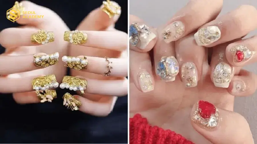 Hoặc cũng có thể đính đá full móng tạo hiệu ứng bling bling thu hút