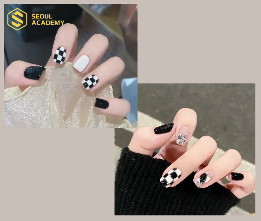Mẫu nail caro đen trắng là sự kết hợp kinh điển mang lại vẻ sang trọng, thanh lịch không lo lỗi mốt