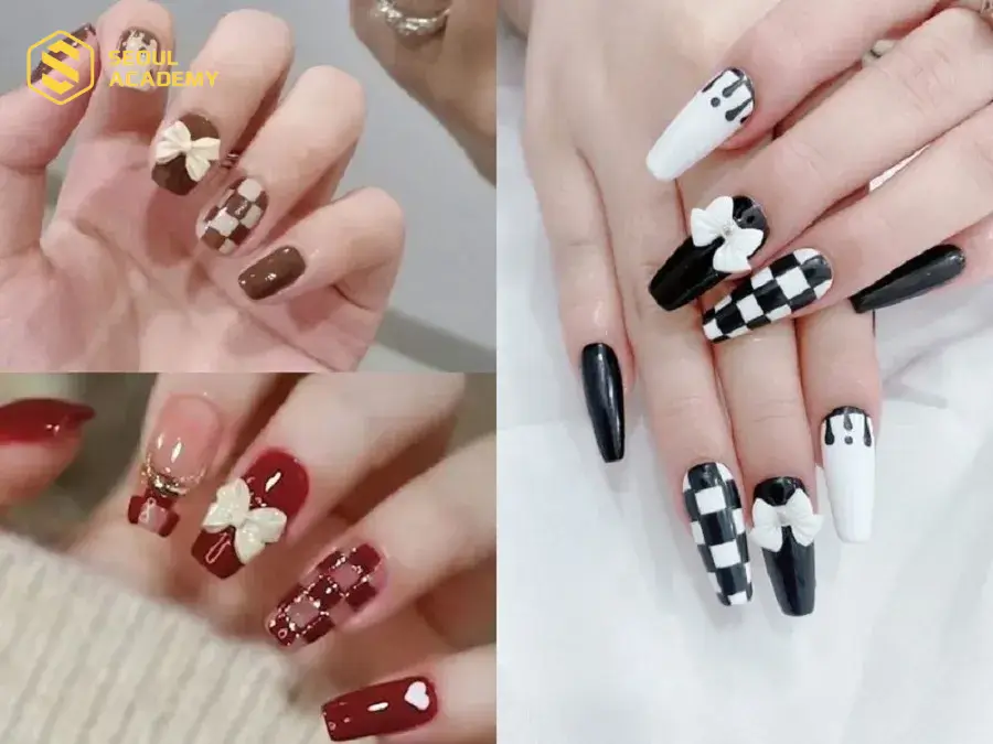 Kết hợp caro cùng các họa tiết khác giúp bộ móng độc đáo hơn