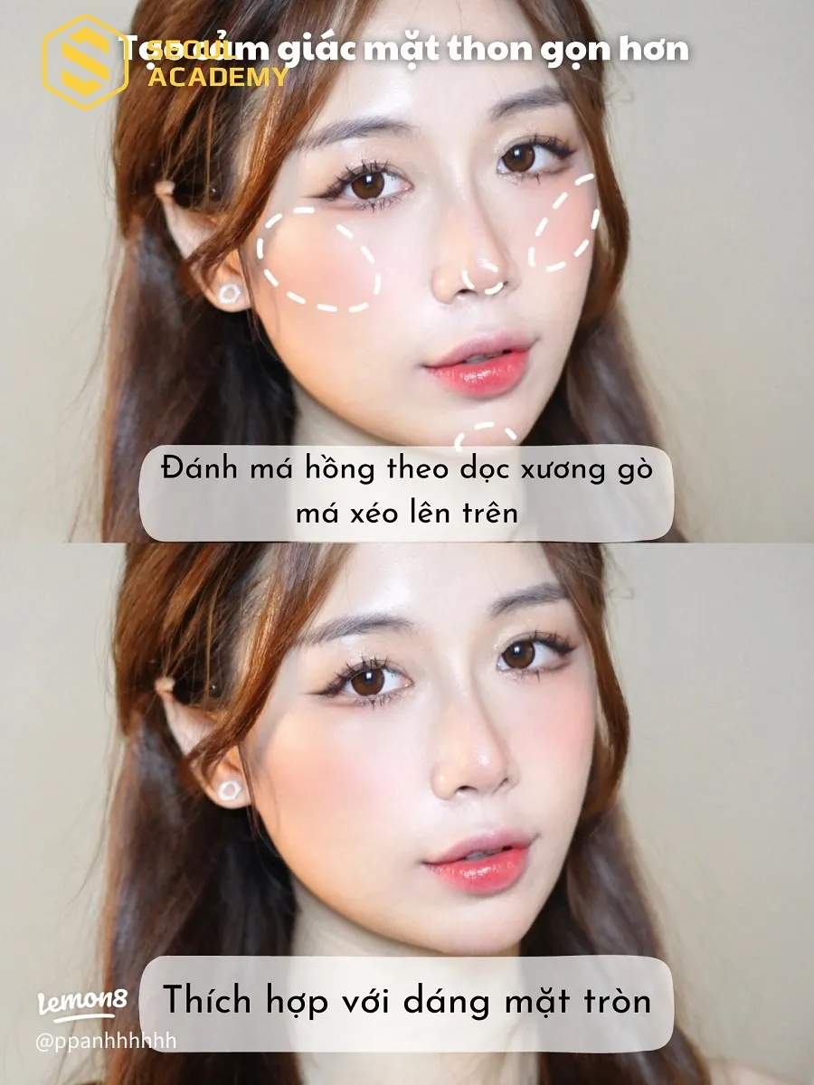 Đánh má hồng xéo rất thích hợp với khuôn mặt tròn
