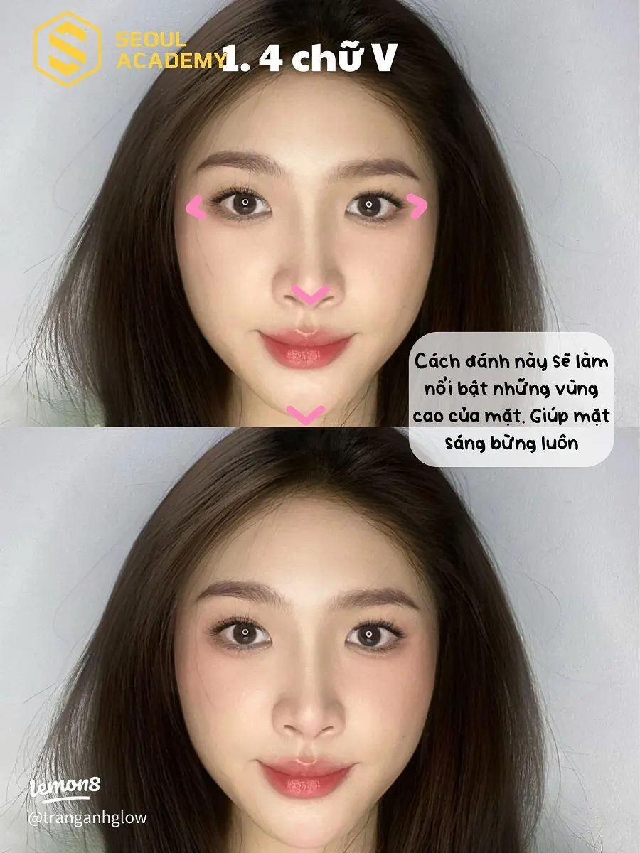 Đánh má hồng kiểu chữ V cũng là lựa chọn thích hợp với mặt tròn