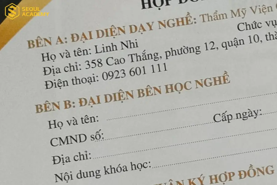Hợp đồng dạy phun xăm không thể thiếu thông tin đôi bên