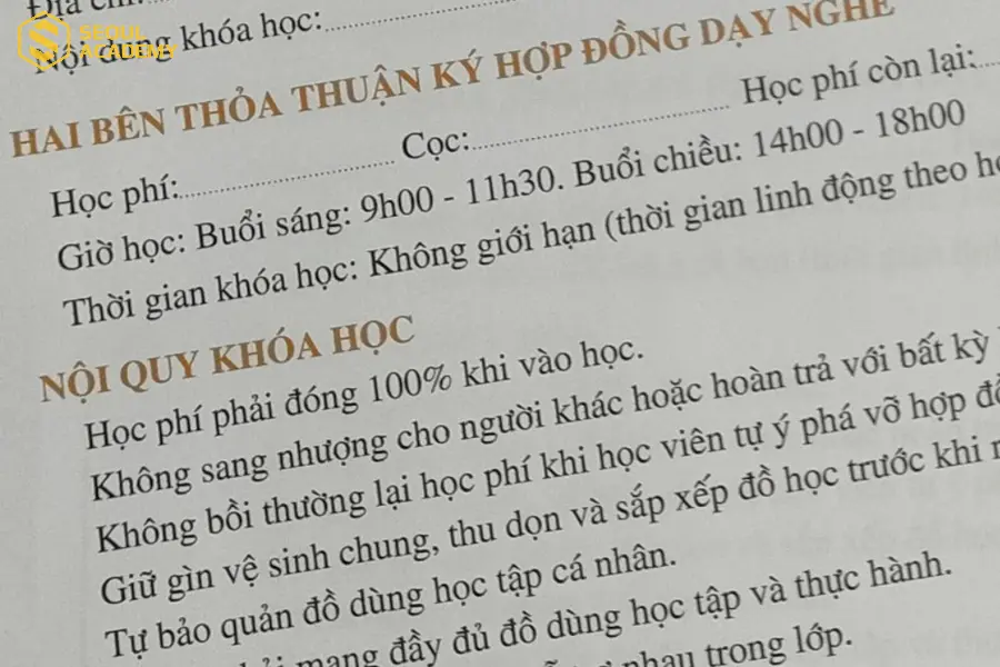 Nội dung thông tin về khóa đào tạo trong hợp đồng