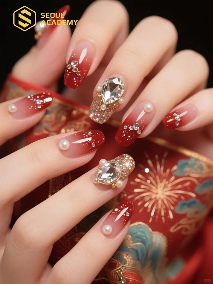Mẫu nail đỏ phối ngọc trai cho cô dâu trong ngày trọng đại