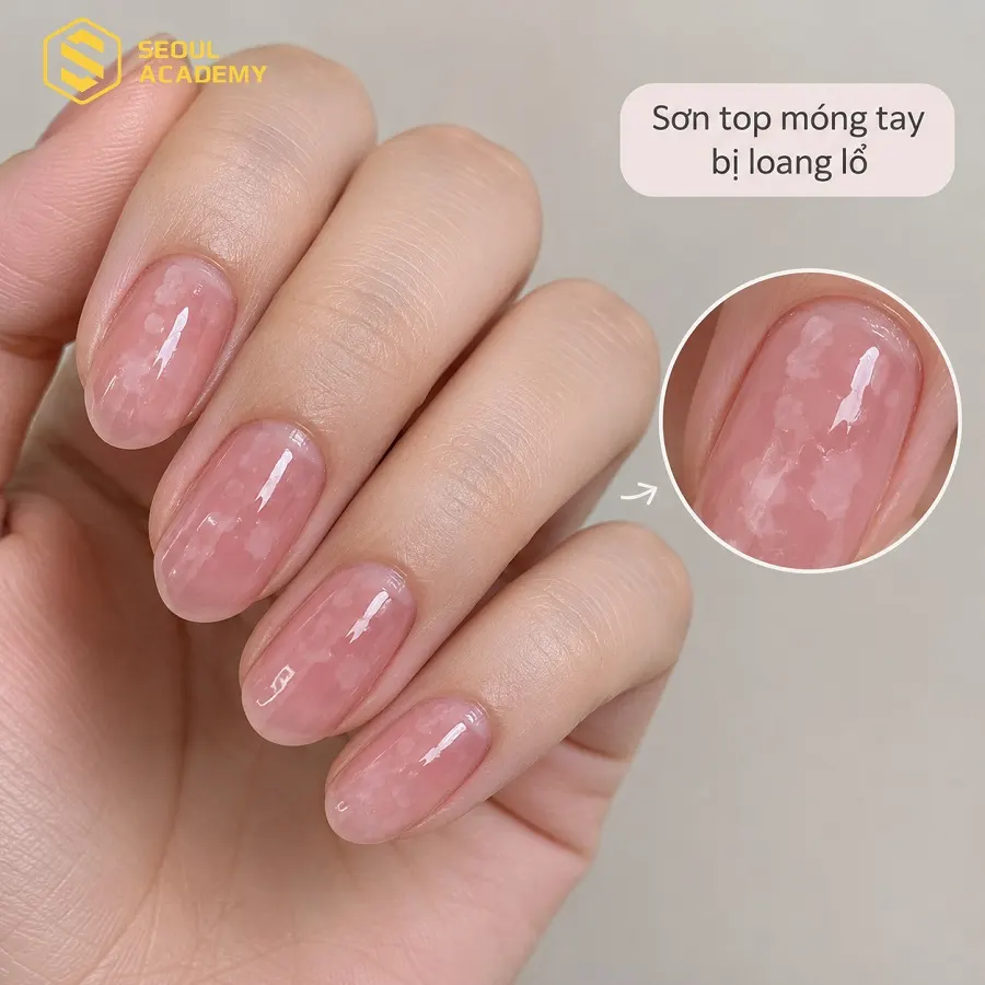 Sơn top móng tay bị loang lổ là tình trạng sơn bề mặt không bám đều tạo thành các chấm nhỏ