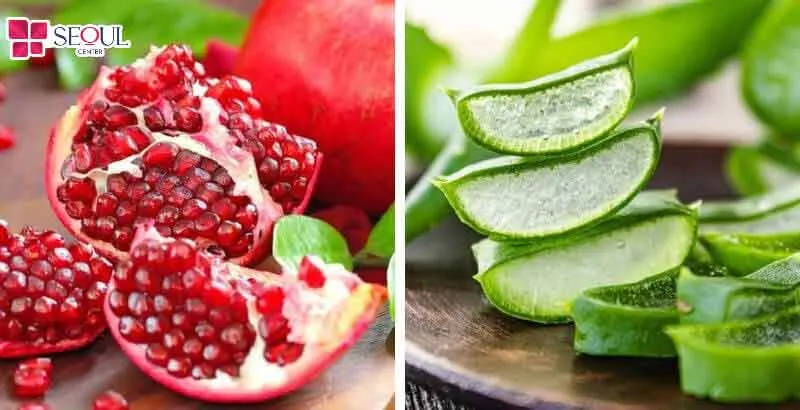 Nha đam và lựu đỏ giúp mờ thâm và cấp ẩm cho vùng da ở cổ, gáy