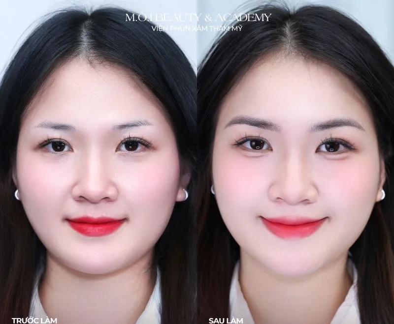 Hình ảnh của khách hàng trước và sau khi phun mày tại viện phun thẩm mỹ M.Ò.I Beauty Academy 