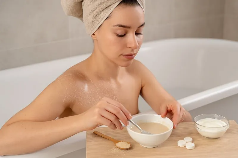 Nghiền nhuyễn vitamin B1 để giúp làm sáng da, cải thiện sắc tố rõ rệt 