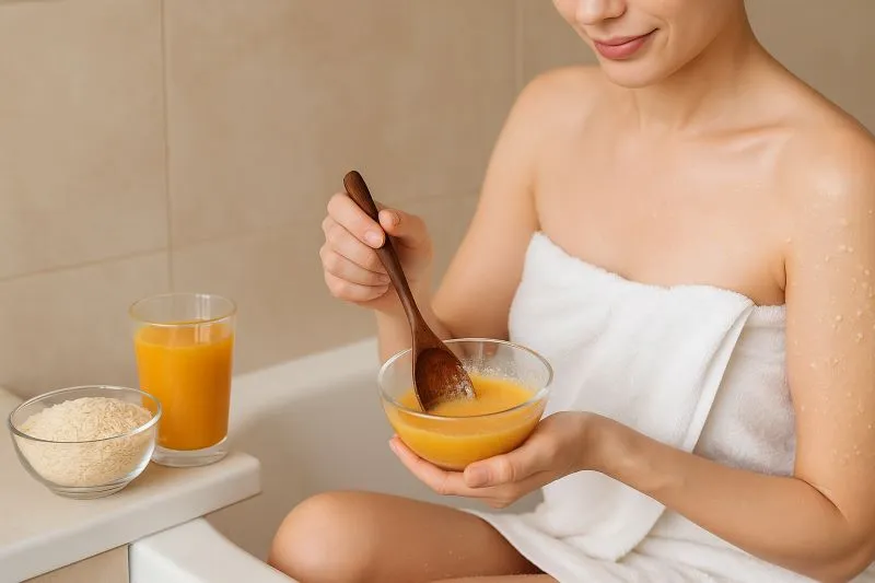 Nên thử hỗn hợp bột cám gạo và nước cam trên vùng da nhỏ trước khi sử dụng cho toàn thân