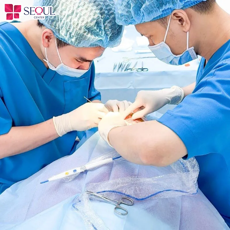 Bác sĩ sẽ tiến hành khâu lại vết mổ bằng chỉ thẩm mỹ siêu mảnh, giúp vết thương nhanh chóng hồi phục