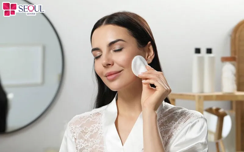 Dùng bông tẩy trang thấm nước muối sinh lý lau mặt nhẹ nhàng, an toàn, không ảnh hưởng đến môi