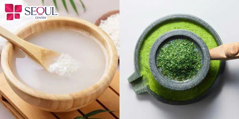 Nước vo gạo trộn với bột trà xanh sẽ giúp da chống lão hóa, da đều màu hơn