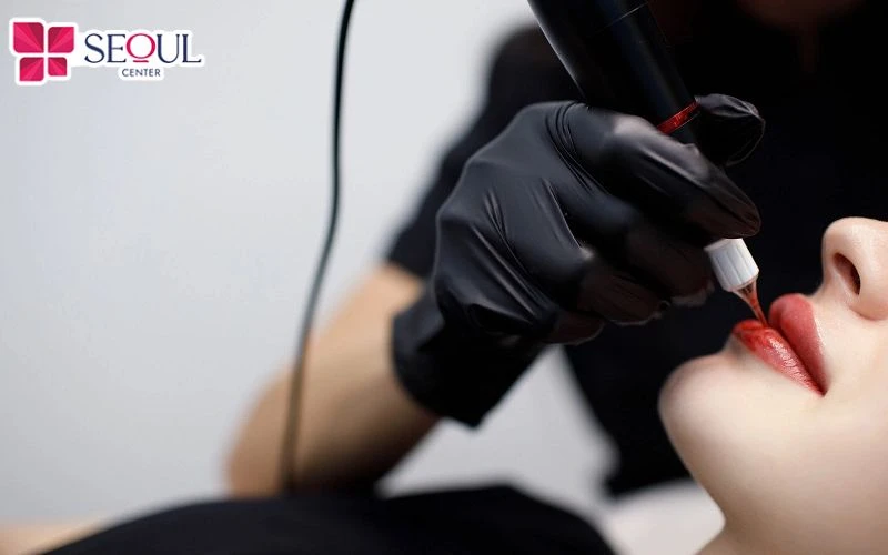 Kỹ thuật viên tiến hành phun môi collagen cho khách hàng