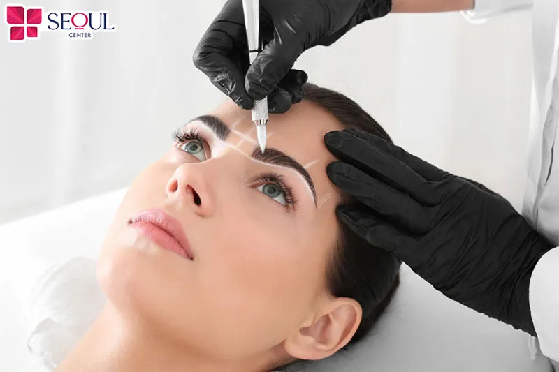 Chuyên viên phác thảo và tiến hành thêu từng sợi mày xen kẽ chân mày thật