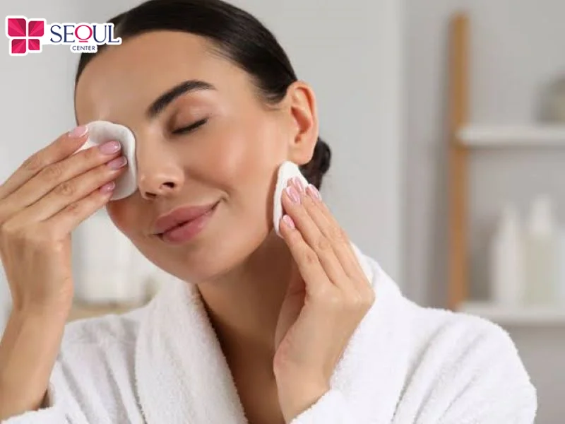 Thấm nước muối sinh lý vào bông tẩy trang mềm để lau nhẹ nhàng lên các vùng da mụn