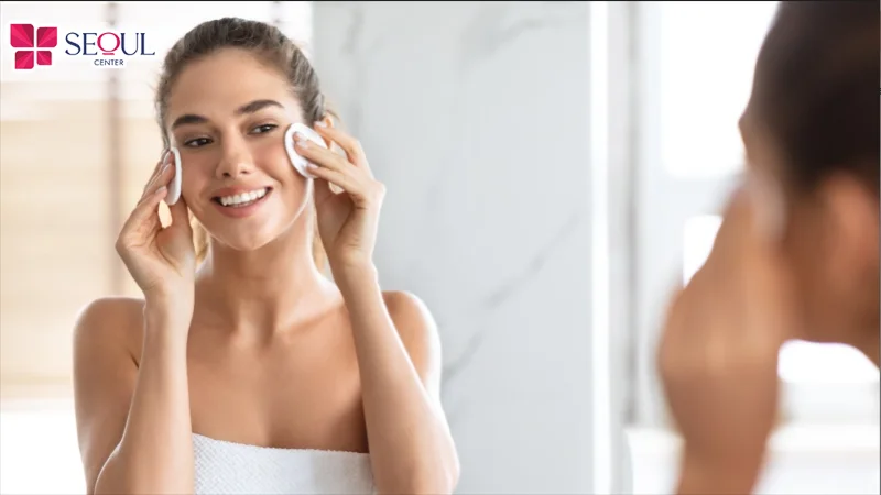 Sử dụng bông tẩy trang thấm nước để lau mặt nhẹ nhàng
