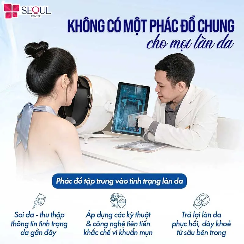 Bác sĩ soi da, đánh giá tình trạng mụn, lên phác đồ phù hợp tình trạng da giúp điều trị mụn hiệu quả, ngăn tái phát cho khách hàng