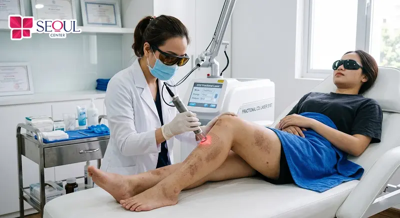 Bác sĩ tiến hành trị thâm công nghệ Laser Fractional theo quy trình chuẩn an toàn y khoa giúp cải thiện tình trạng thâm xỉn màu ở chân tốt