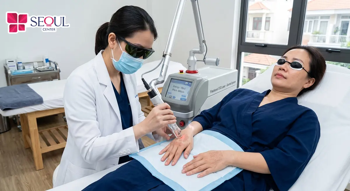 Bác sĩ tiến hành trị thâm tay Laser Fractional cho khách hàng theo các bước chuẩn an toàn y khoa