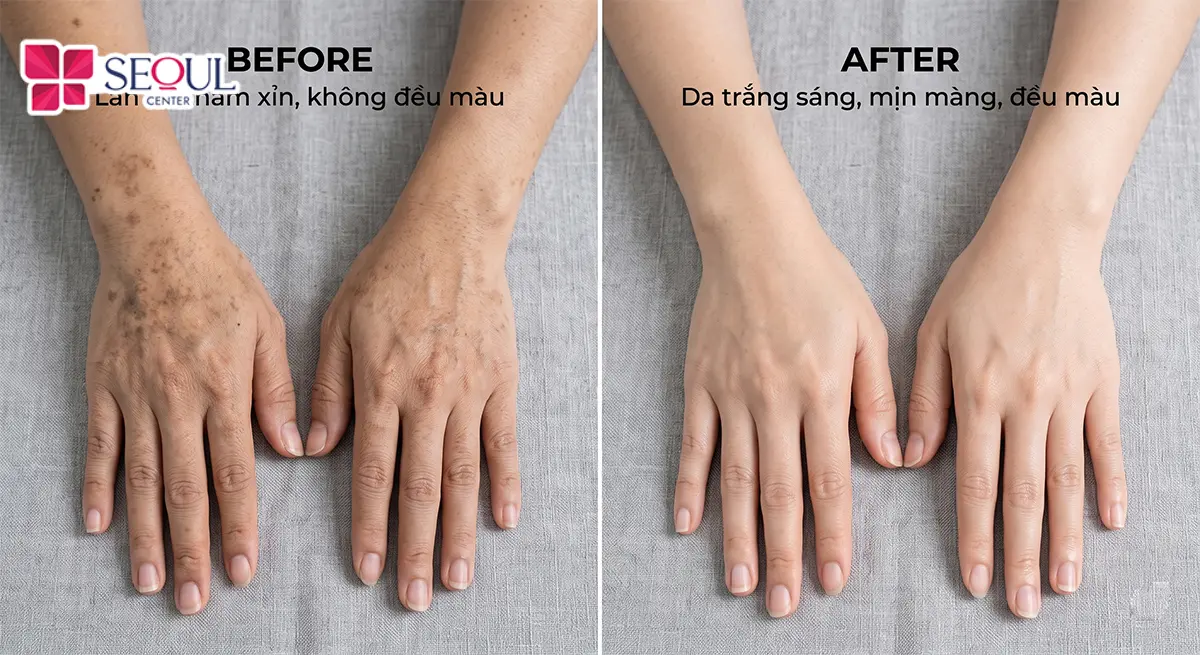 Tình trạng da xỉn màu, đồi mồi, thâm sạm đã được khắc phục sau liệu trình trị thâm tay Laser Fractional