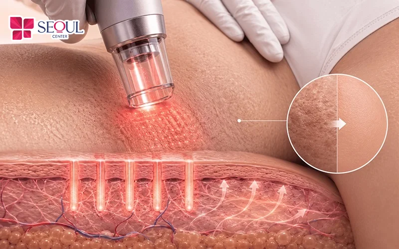 Công nghệ Laser Fractional giúp phá vỡ sắc tố melanin để cơ thể tự động đào thải dần ra ngoài theo thời gian, làm sáng da vùng bẹn hiệu quả, an toàn