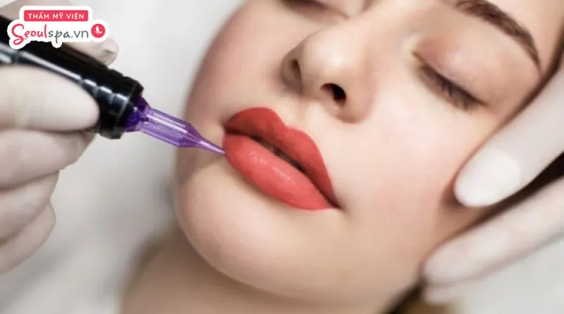 Thực hiện dặm lại toàn bộ môi là giải pháp khắc phục tình trạng môi loang màu nặng gây ảnh hưởng đến tính thẩm mỹ