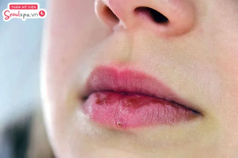 Hình ảnh môi có dấu hiệu sưng viêm, khô ráp và kéo dài thời gian phục hồi môi sau phun xăm