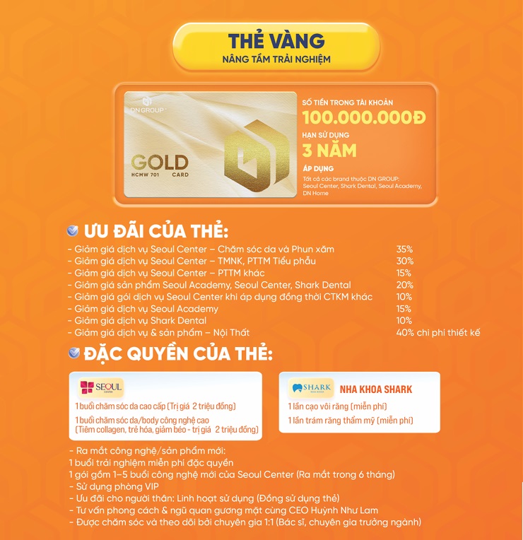 Sở hữu thẻ vàng bạn sẽ được sử dụng dịch vụ hệ sinh thái DN GROUP với ưu đãi lên đến 40% cùng nhiều đặc quyền đẳng cấp