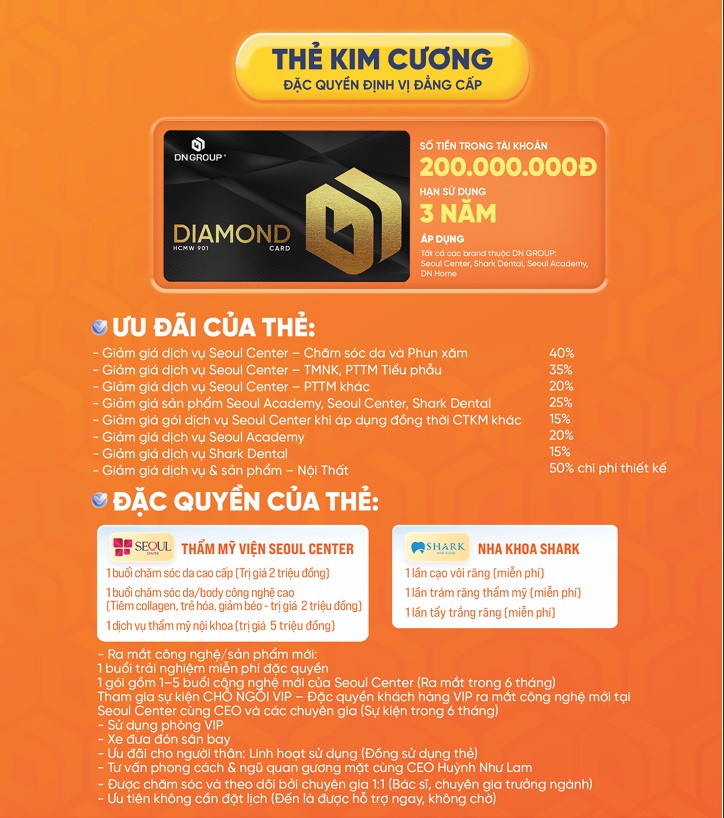 Chiếc thẻ kim cương của DN GROUP sẽ giúp bạn “toàn năng” sử dụng dịch vụ của hệ sinh thái DN GROUP với ưu đãi đến 50% cùng vô vàn đặc quyền đẳng cấp nhất