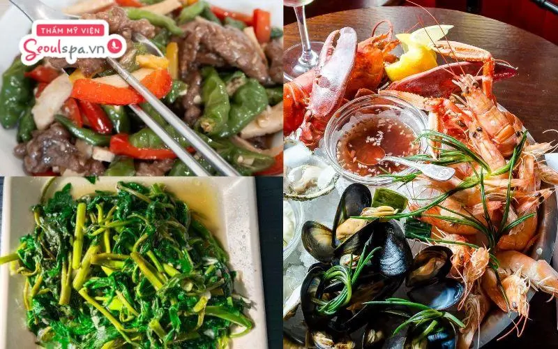 Kiêng cữ toàn bộ thực phẩm dễ gây kích ứng vết thương hở như hải sản, rau muống, thịt bò sau phun chân mày