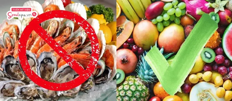 Nên kiêng các thực phẩm từ hải sản và bổ sung thực phẩm chứa Vitamin C và E để hỗ trợ quá trình hồi phục.