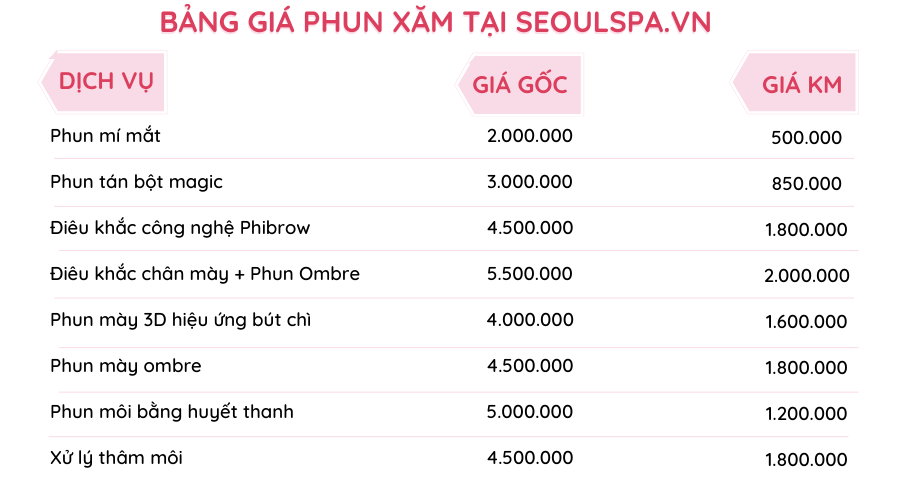Bảng giá dịch vụ phun xăm thẩm mỹ tại Seoul Spa