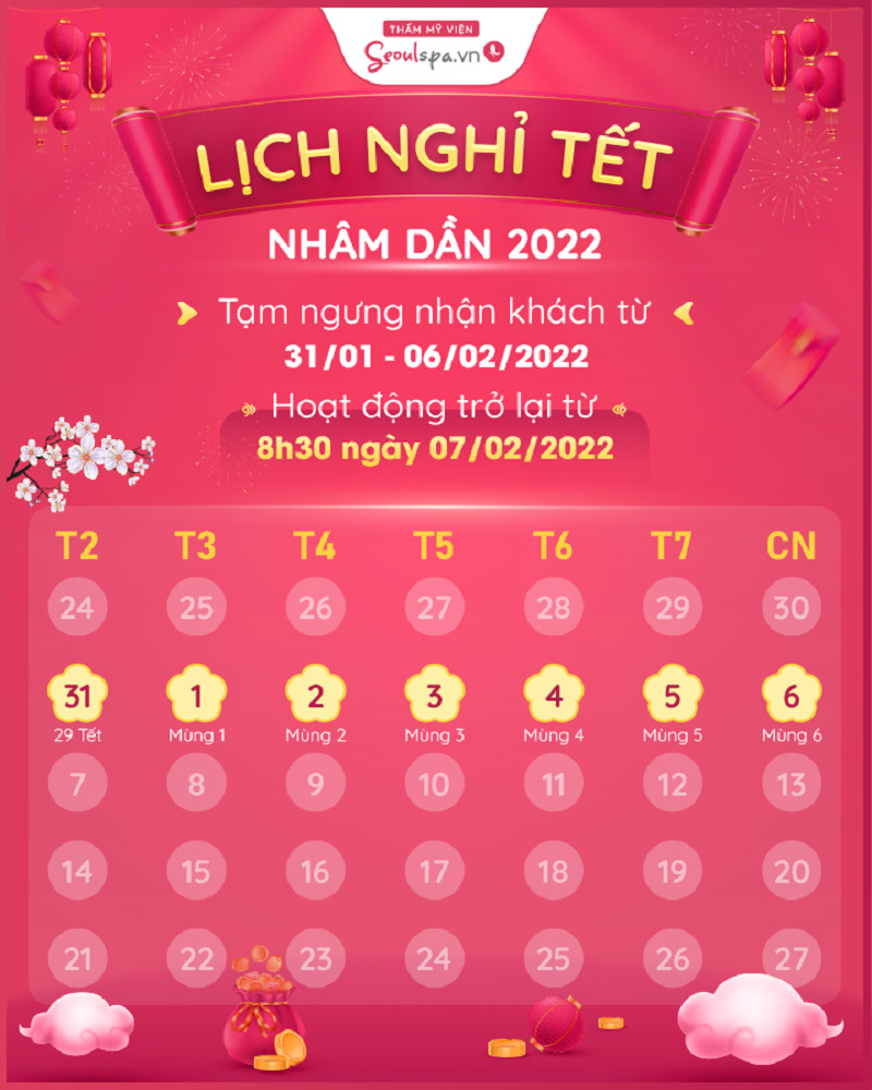 Lịch nghỉ Tết và hoạt động trở lại của toàn bộ chi nhánh Thẩm mỹ viện Seoul Spa trên toàn quốc