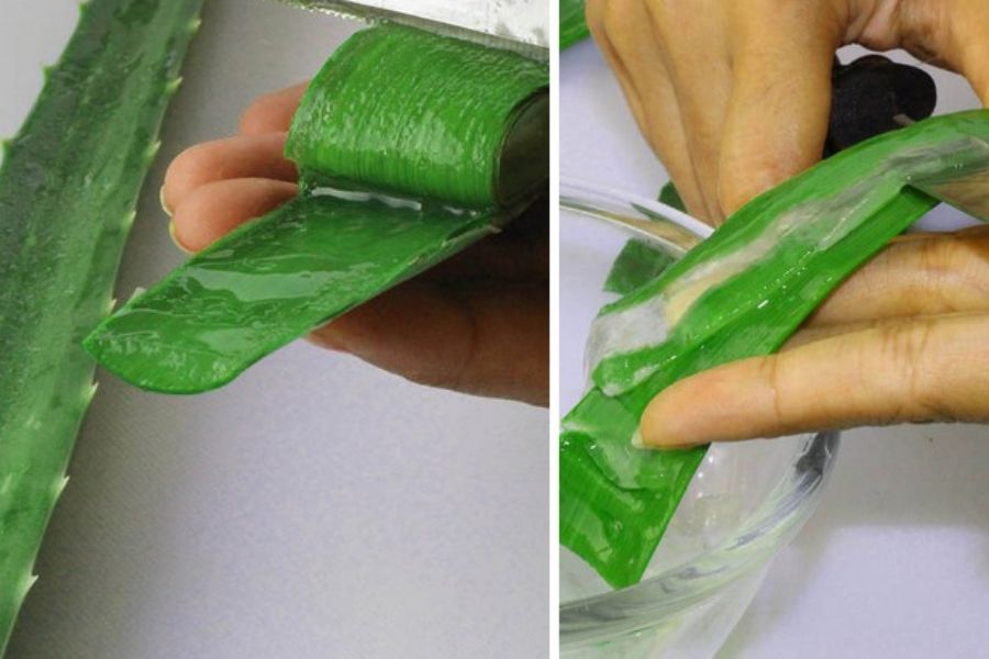 Bạn hãy cắt phần vỏ nha đam thật kỹ để loại bỏ độc tố gây hại cho da