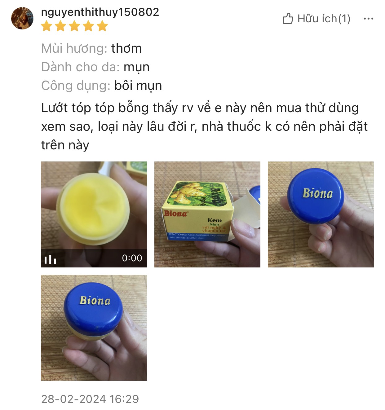 Review của từ người sử dụng về mùi hương của kem mụn biona nghệ