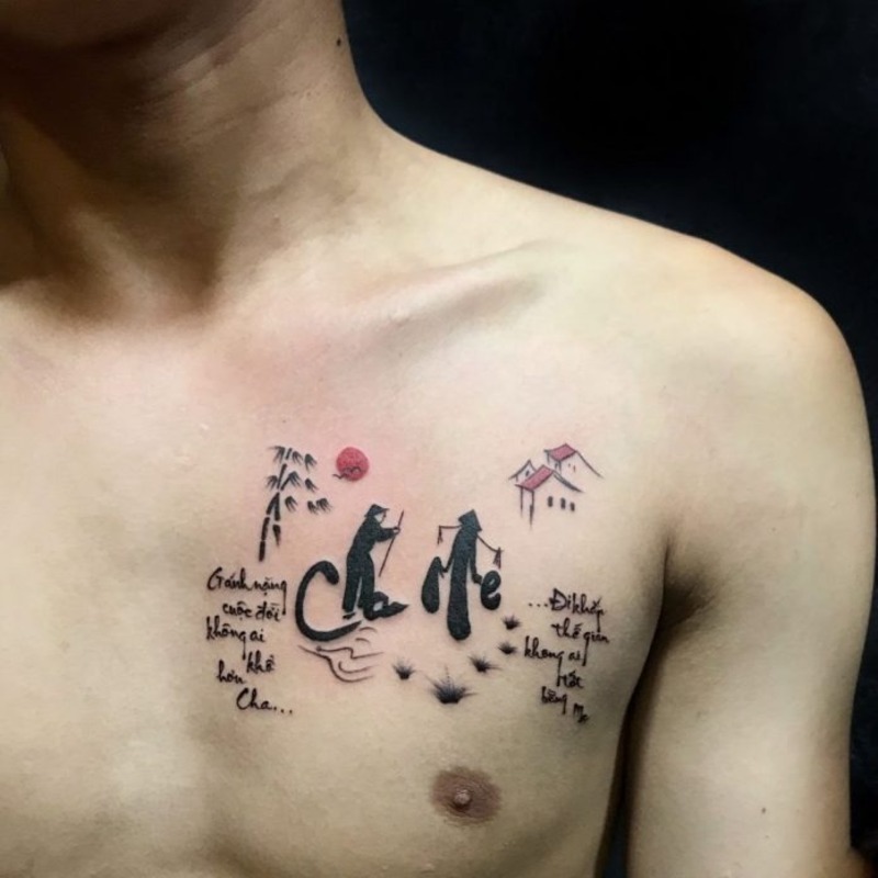 Hình xăm thư pháp ca dao tục ngữ kết hợp họa tiết tranh phong thủy